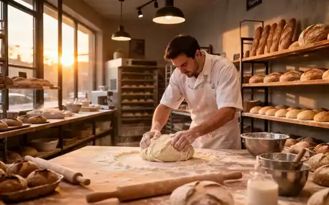 Bäcker bei der Arbeit in einer modernen Backstube im warmen Morgenlicht. - Foto: über boerse-global.de