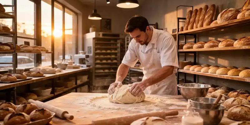 Bäcker bei der Arbeit in einer modernen Backstube im warmen Morgenlicht. - Foto: über boerse-global.de