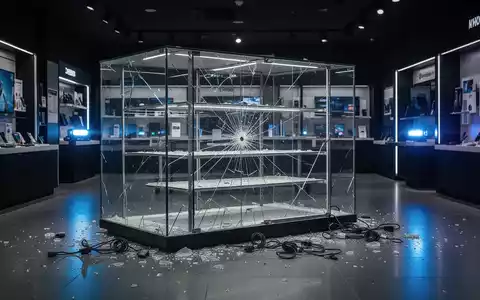 Ein aufgebrochenes Schaufenster eines Elektronikgeschäfts mit leeren Regalen in düsterer Beleuchtung. - Foto: über boerse-global.de