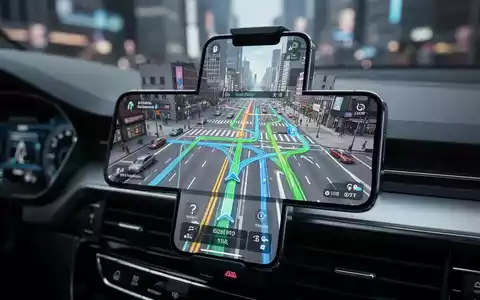 Smartphone auf einem Autodashboard zeigt eine immersive 3D-Navigationskarte mit KI-gestützter Routenführung. - Foto: über boerse-global.de