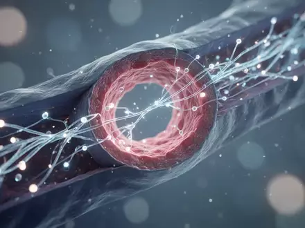 Stilisierte mikroskopische Darstellung einer menschlichen Blutgefäßwand mit leuchtenden Signalwegen zur Thromboseprävention. - Foto: über boerse-global.de