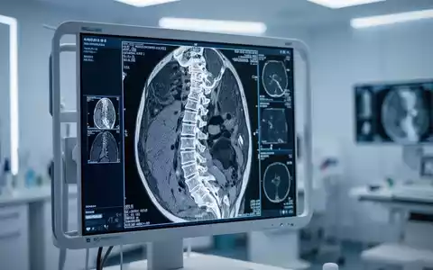 Ein hochauflösender MRT-Scan der Wirbelsäule auf einem medizinischen Monitor in einer klinischen Umgebung. - Foto: über boerse-global.de
