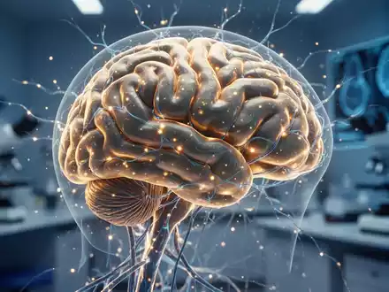 Abstraktes 3D-Modell eines menschlichen Gehirns mit leuchtenden neuronalen Verbindungen vor unscharfem Laborhintergrund. - Foto: über boerse-global.de