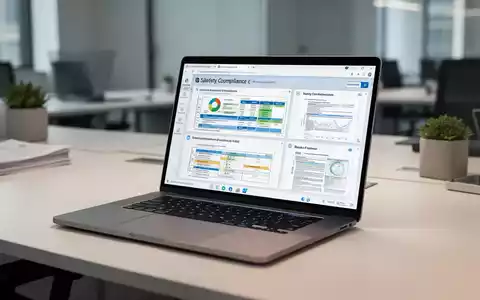 Ein moderner Laptop mit digitaler Dokumentationssoftware und Sicherheitsdaten in einem professionellen Büro. - Foto: über boerse-global.de