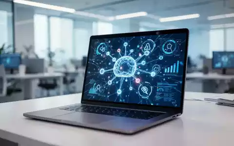 Ein moderner Laptop-Bildschirm zeigt abstrakte KI-Datenvisualisierungen und neuronale Netzwerkknoten in einem Büro. - Foto: über boerse-global.de