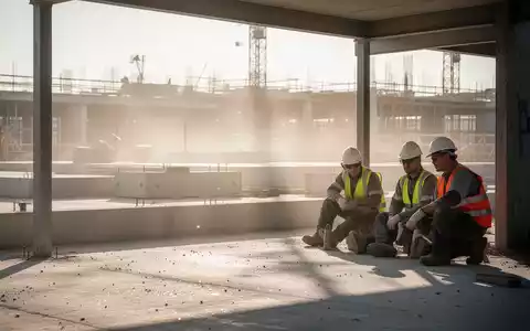 Bauarbeiter in Schutzkleidung machen während einer Hitzewelle eine Pause im Schatten einer Baustelle. - Foto: über boerse-global.de