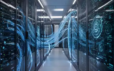 Hochtechnologischer Serverraum mit leuchtend blauen Datenkabeln, die KI-Infrastruktur darstellen. - Foto: über boerse-global.de