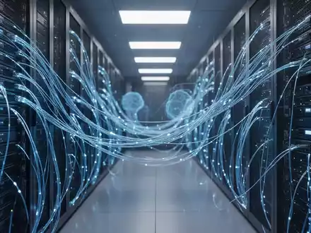 Modernes Rechenzentrum mit leuchtenden Glasfaserkabeln als Symbol für Datensicherheit und KI-Infrastruktur. - Foto: über boerse-global.de