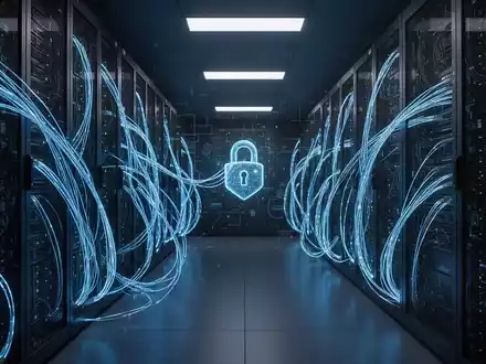 Ein hochmoderner Serverraum mit blau leuchtenden Glasfaserkabeln als Symbol für die KI-Überwachung durch die EU. - Foto: über boerse-global.de
