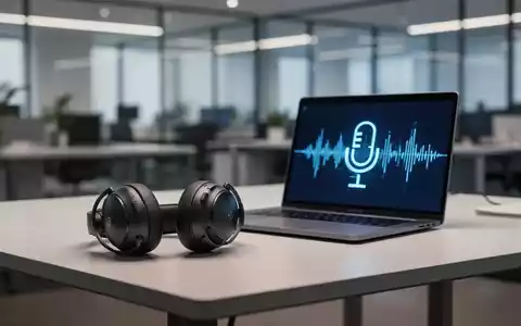 Moderner BĂŒroarbeitsplatz mit Kopfhörern und digitaler Spracherkennung auf einem Laptop-Bildschirm. - Foto: ĂŒber boerse-global.de