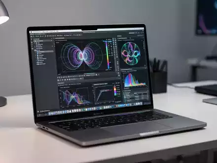 Ein Apple MacBook auf einem Schreibtisch zeigt eine Virtualisierungsoberfläche mit komplexen Grafikdaten. - Foto: über boerse-global.de