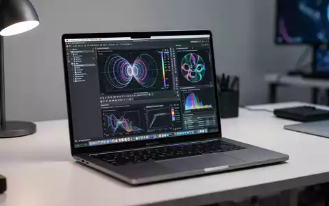 Ein Apple MacBook auf einem Schreibtisch zeigt eine Virtualisierungsoberfläche mit komplexen Grafikdaten. - Foto: über boerse-global.de