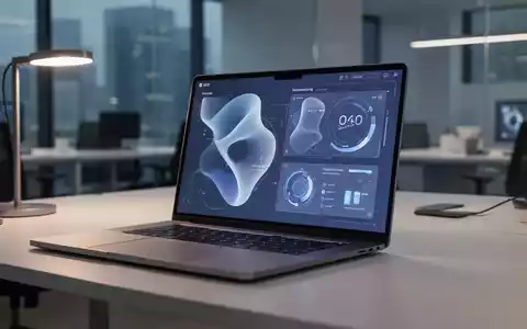 Ein moderner Büroarbeitsplatz mit einem Laptop, der ein abstraktes Interface-Design im Windows-Stil zeigt. - Foto: über boerse-global.de