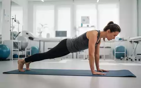 Person in einer Sportphysiotherapie-Praxis bei der Durchführung der Bird-Dog-Übung auf einer Yogamatte zur Rumpfstabilisierung. - Foto: über boerse-global.de