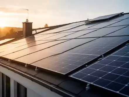 Moderne Solaranlagen auf einem Wohnhausdach bei Sonnenuntergang als Symbol für die EEG-Reform und Energiewende. - Foto: über boerse-global.de