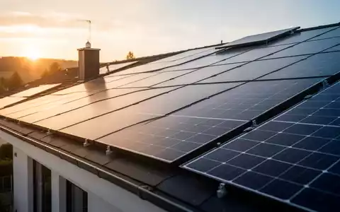 Moderne Solaranlagen auf einem Wohnhausdach bei Sonnenuntergang als Symbol für die EEG-Reform und Energiewende. - Foto: über boerse-global.de