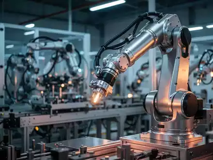 Ein hochmoderner Roboterarm in einer automatisierten Industrieanlage mit kinematischer Beleuchtung. - Foto: über boerse-global.de