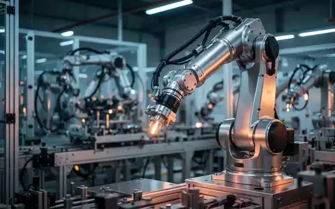 Ein hochmoderner Roboterarm in einer automatisierten Industrieanlage mit kinematischer Beleuchtung. - Foto: über boerse-global.de