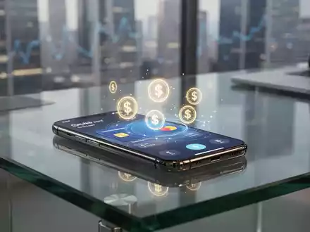 Ein Smartphone zeigt eine digitale Krypto-Wallet-Oberfläche auf einem modernen Büroschreibtisch, das Stablecoin-Transaktionen darstellt. - Foto: über boerse-global.de