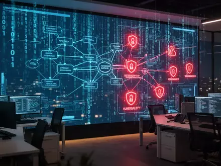 Hochmodernes Cybersicherheits-Operationszentrum mit digitalen Bildschirmen, die Netzwerkschwachstellen und Code anzeigen. - Foto: über boerse-global.de