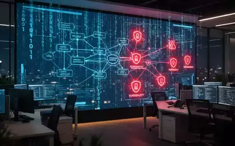 Hochmodernes Cybersicherheits-Operationszentrum mit digitalen Bildschirmen, die Netzwerkschwachstellen und Code anzeigen. - Foto: über boerse-global.de