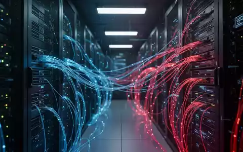 Dunkler Serverraum mit leuchtenden Datenkabeln als Symbol für Cybersicherheit und Ransomware-Bedrohungen. - Foto: über boerse-global.de