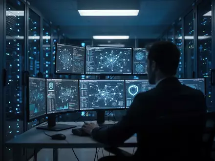 Ein IT-Sicherheitsexperte arbeitet in einem modernen, blau beleuchteten Serverraum an komplexen Sicherheitsanalysen. - Foto: über boerse-global.de