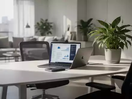 Moderner, ergonomisch gestalteter Schreibtisch in einem hellen Homeoffice mit Laptop und Zimmerpflanze. - Foto: über boerse-global.de