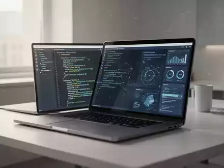 Ein moderner, minimalistischer Arbeitsplatz mit einem Laptop, der Code und digitale Produktivitätsanwendungen anzeigt. - Foto: über boerse-global.de