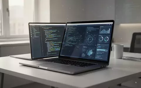Ein moderner, minimalistischer Arbeitsplatz mit einem Laptop, der Code und digitale Produktivitätsanwendungen anzeigt. - Foto: über boerse-global.de