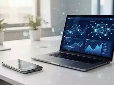 Moderner Büroarbeitsplatz mit Laptop und Smartphone, auf denen Datenvisualisierungen und KI-Strukturen zu sehen sind. - Foto: über boerse-global.de