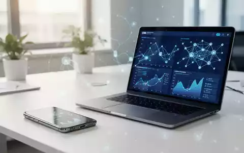Moderner Büroarbeitsplatz mit Laptop und Smartphone, auf denen Datenvisualisierungen und KI-Strukturen zu sehen sind. - Foto: über boerse-global.de