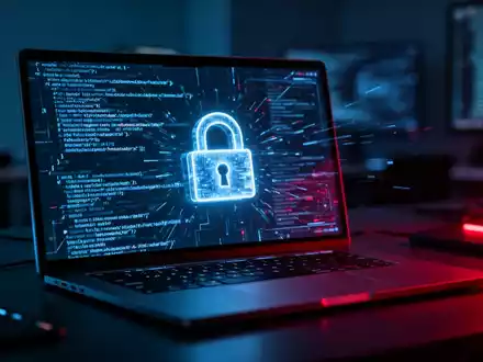 Ein Laptop-Bildschirm mit abstraktem Programmcode und einem digitalen Vorhängeschloss als Symbol für Cybersicherheit. - Foto: über boerse-global.de