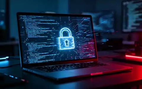 Ein Laptop-Bildschirm mit abstraktem Programmcode und einem digitalen Vorhängeschloss als Symbol für Cybersicherheit. - Foto: über boerse-global.de