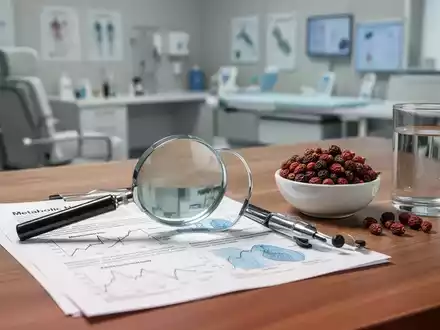 Eine Nahaufnahme von Berberitzen in einer Schale neben medizinischen Unterlagen und einer Lupe auf einem Schreibtisch. - Foto: über boerse-global.de