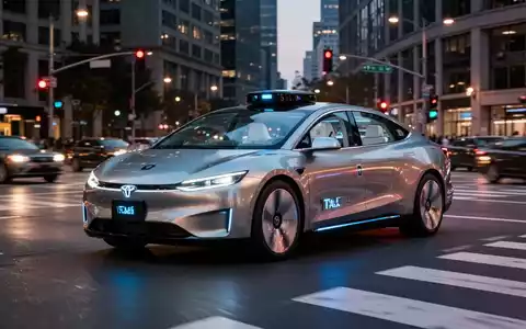 Ein futuristisches autonomes Robotaxi durchquert bei Dämmerung eine Stadtkreuzung ohne Fahrer. - Foto: über boerse-global.de