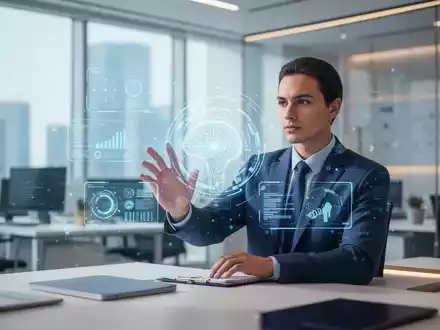 Professionelle Person in einem modernen Büro, die an einer holografischen Datenschnittstelle arbeitet, symbolisiert die KI-Integration. - Foto: über boerse-global.de