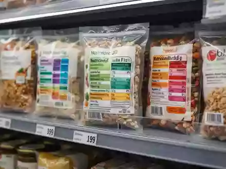 Verschiedene Lebensmittelverpackungen mit Nutri-Score-Kennzeichnung in einem Supermarktregal. - Foto: über boerse-global.de