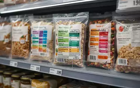 Verschiedene Lebensmittelverpackungen mit Nutri-Score-Kennzeichnung in einem Supermarktregal. - Foto: über boerse-global.de