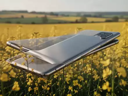 Ein modernes Smartphone liegt in einem goldenen Rapsfeld, nachdem es einen Sturz aus großer Höhe überlebt hat. - Foto: über boerse-global.de