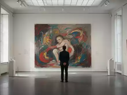 Eine Person betrachtet ein großes, abstraktes Kunstwerk in einem hellen, modernen Museum bei sanfter Beleuchtung. - Foto: über boerse-global.de