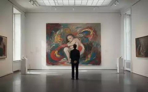 Eine Person betrachtet ein großes, abstraktes Kunstwerk in einem hellen, modernen Museum bei sanfter Beleuchtung. - Foto: über boerse-global.de