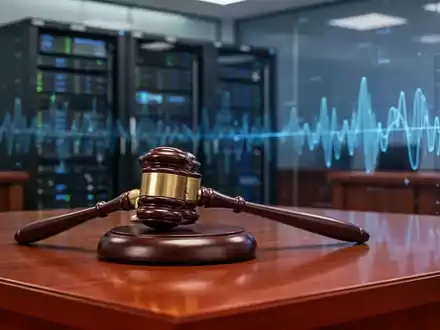 Ein Richterhammer auf einem Holztisch vor verschwommenen digitalen Servern und Schallwellen-Grafiken. - Foto: über boerse-global.de