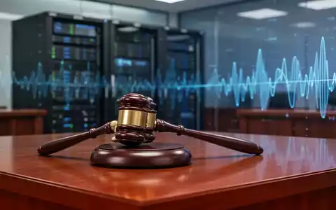 Ein Richterhammer auf einem Holztisch vor verschwommenen digitalen Servern und Schallwellen-Grafiken. - Foto: über boerse-global.de