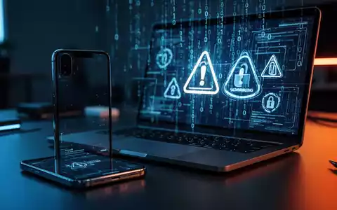 Ein Smartphone und ein Laptop mit abstrakten Sicherheitssymbolen und digitalem Code im Hintergrund. - Foto: über boerse-global.de