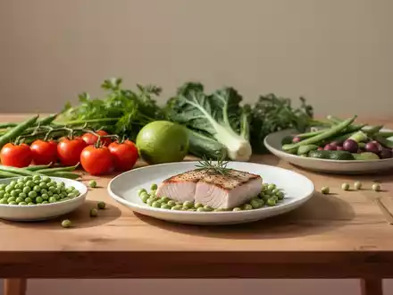 Ein minimalistisch gedeckter Tisch mit frischem Gemüse und Hülsenfrüchten als Symbol für ausgewogene Ernährung. - Foto: über boerse-global.de
