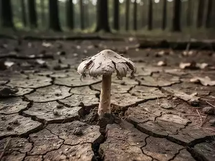 Ein vertrockneter Waldpilz auf ausgetrocknetem, rissigem Waldboden bei sommerlicher Hitze. - Foto: über boerse-global.de