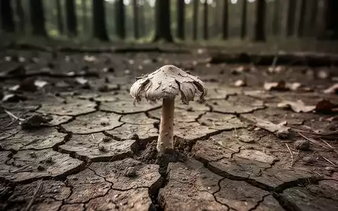 Ein vertrockneter Waldpilz auf ausgetrocknetem, rissigem Waldboden bei sommerlicher Hitze. - Foto: über boerse-global.de