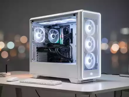 Schlankes weißes Mid-Tower-PC-Gehäuse mit Glaspanel auf einem sauberen Schreibtisch in einem professionellen Homeoffice. - Foto: über boerse-global.de
