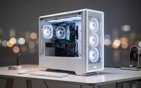 Schlankes weißes Mid-Tower-PC-Gehäuse mit Glaspanel auf einem sauberen Schreibtisch in einem professionellen Homeoffice. - Foto: über boerse-global.de